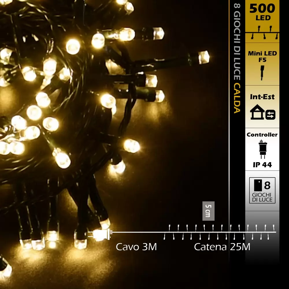 Catena di luci 25 metri da 500 Led Bianco Caldo con cavo verde Wisdom - immagine 9