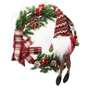 Ghirlanda di Natale con gnomo cappello Rosso e Bianco 60x52cm Wisdom
